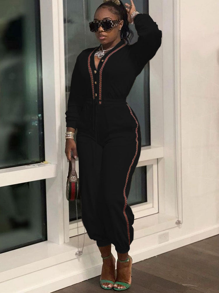 Long Sleeves Button Drawstring Jumpsuits