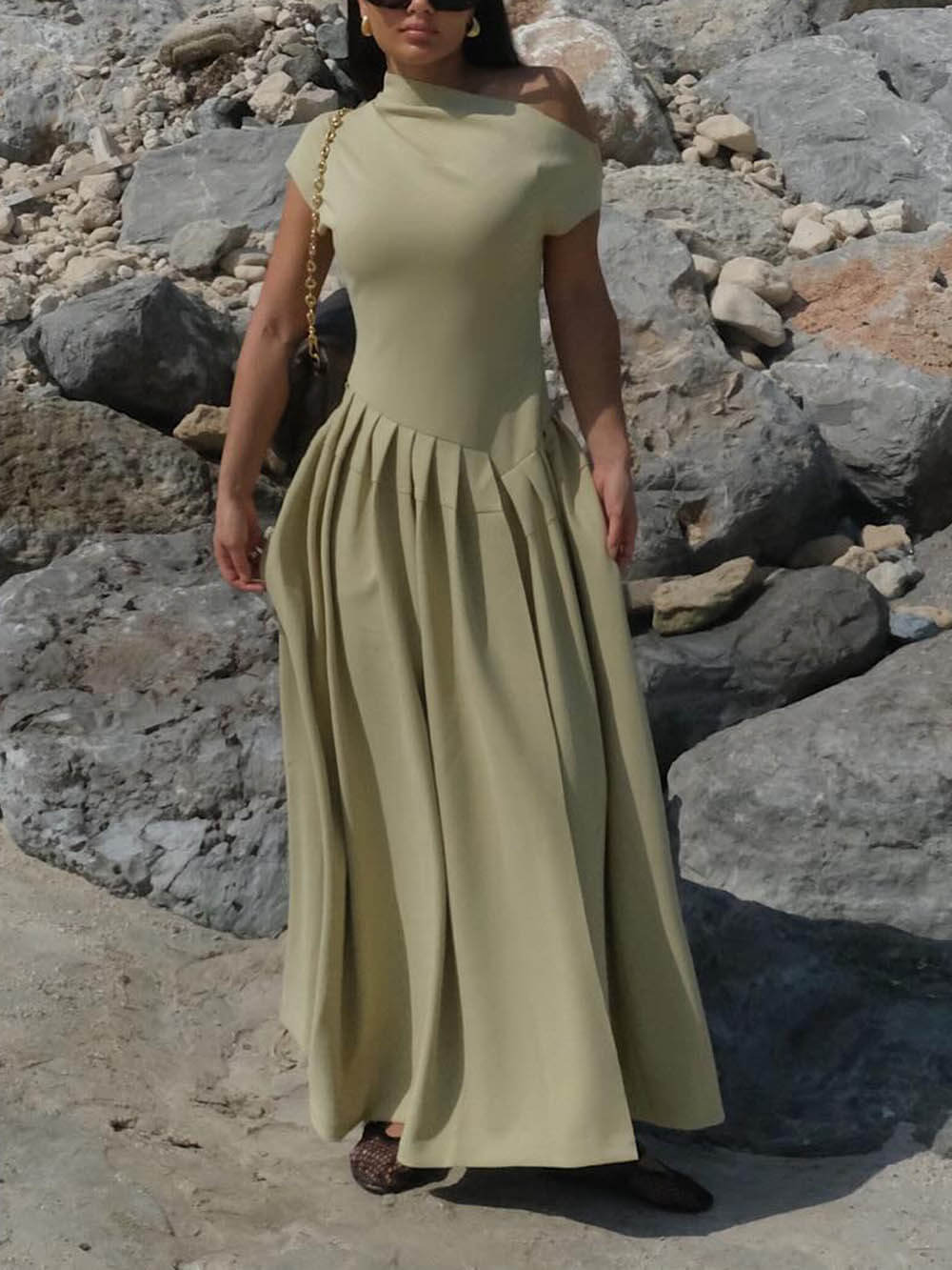Elegant Slope Neck Slim Fit Large Hem Maxi Dress