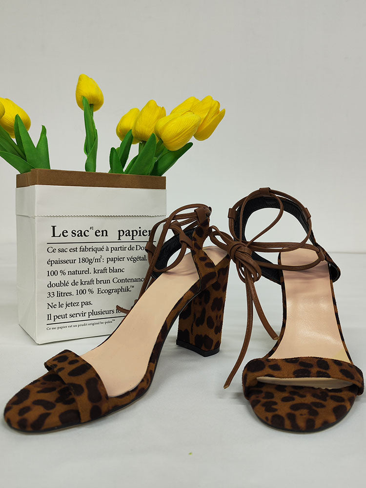 Leopard Crisscross Tie Up Chunky Open Toe Heels