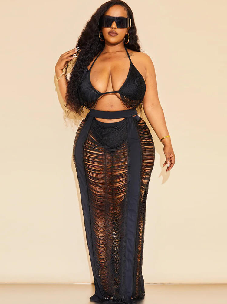 Two Piece Tassel Tops & HolLow Out Maxi Skrits