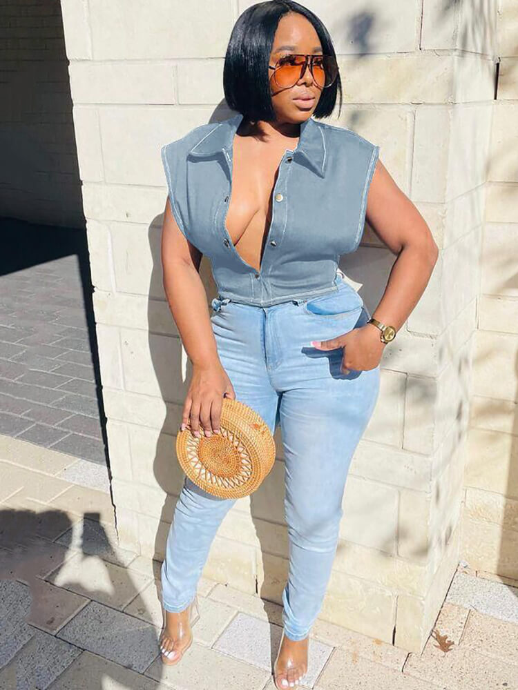 Denim Sleeveless Button Down Crop Tops