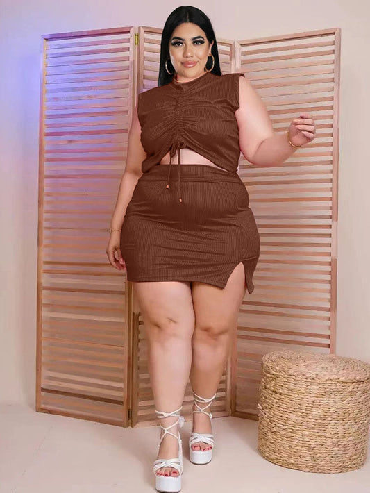 Two Piece Plus Size Ruched Skirt Suits