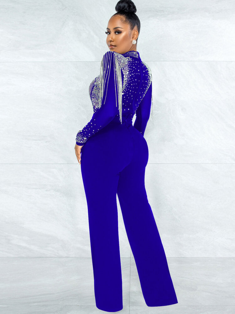 Mesh Long Sleeve Sequins Fringe jumpsuits