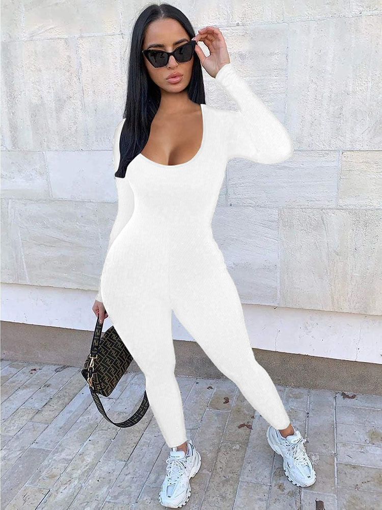 Long Sleeve Scoop Neck Bodycon Jumpsuits