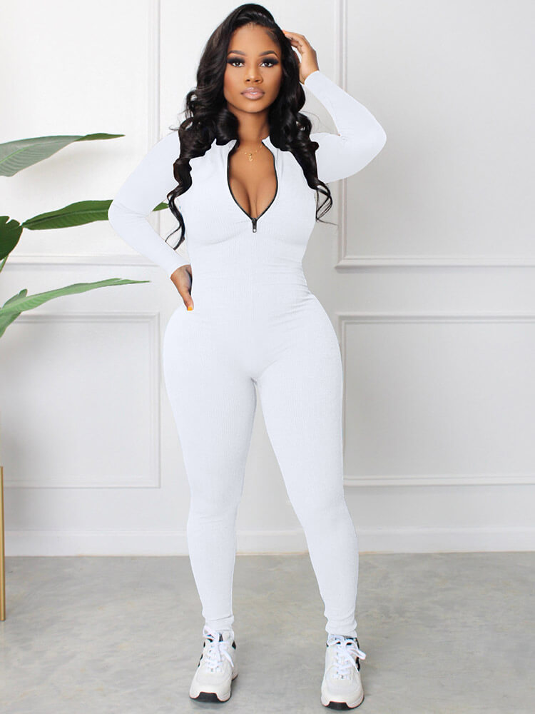 Long Sleeve Zipper Front Bodycon Jumpsuits