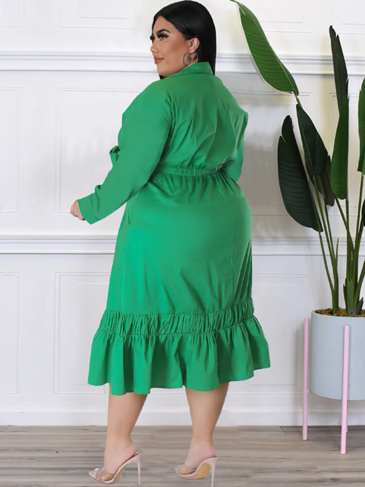 Long Sleeve Lace Up Solid Midi Dresses