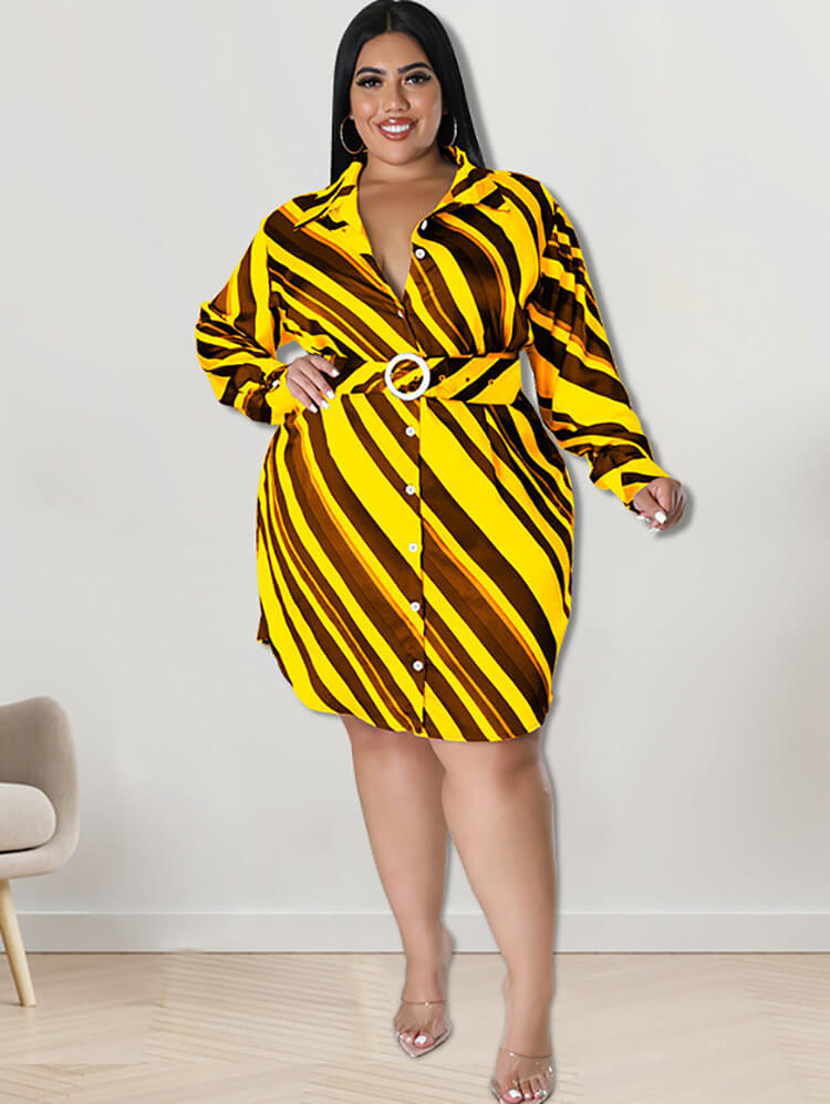 Long Sleeve Striped Mini Dresses With Belt