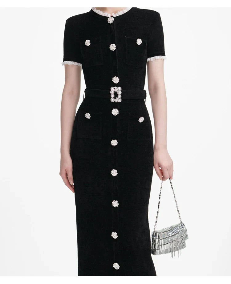 Embellished Short-Sleeve Knit Midi Dress