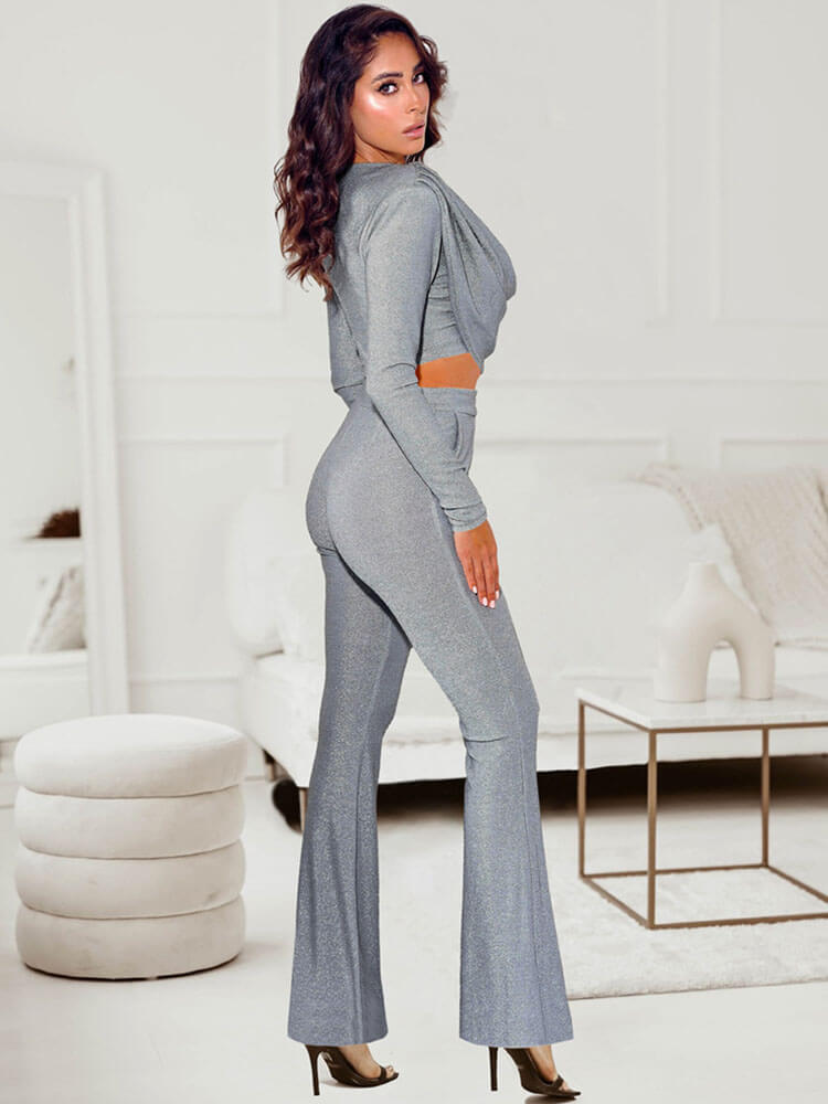 Glitter Cowl Neck Crop Top Flares Long Pants Set