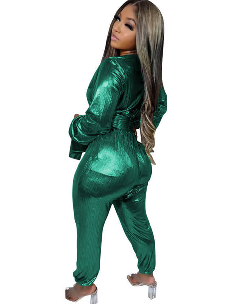 Glitter Long Sleeve V Neck Bodycon Jumpsuit