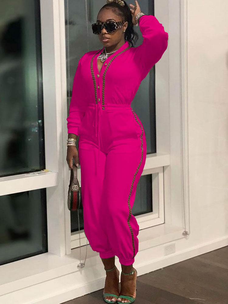 Long Sleeves Button Drawstring Jumpsuits