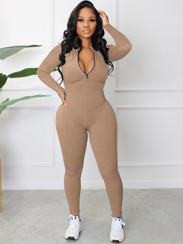 Long Sleeve Zipper Front Bodycon Jumpsuits