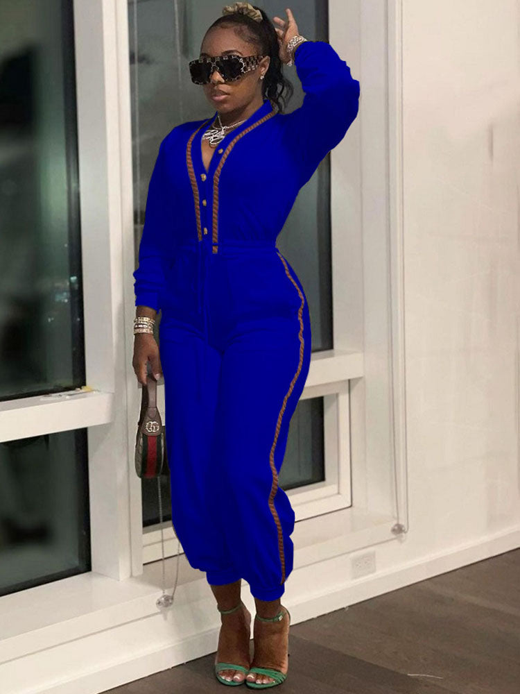 Long Sleeves Button Drawstring Jumpsuits