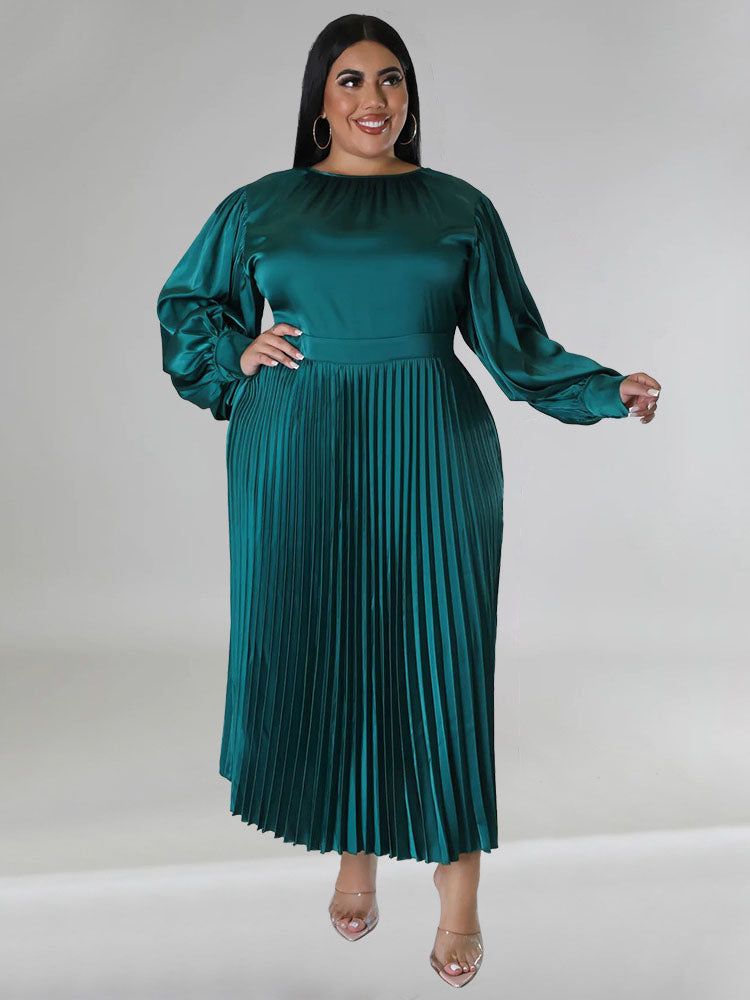 Long Sleeve Pleated Satin Plus Size Maxi Dresses