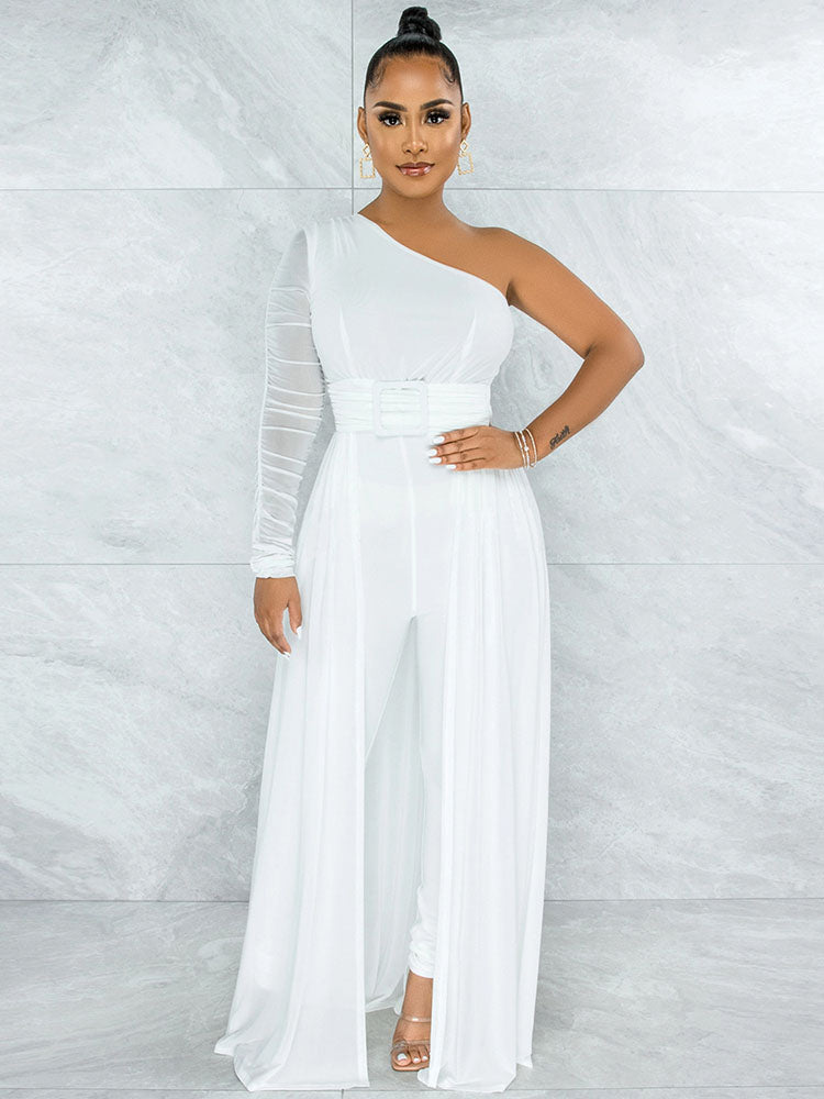 Mesh Patchwork One Shoulder Long Sleeve Jumpsuits