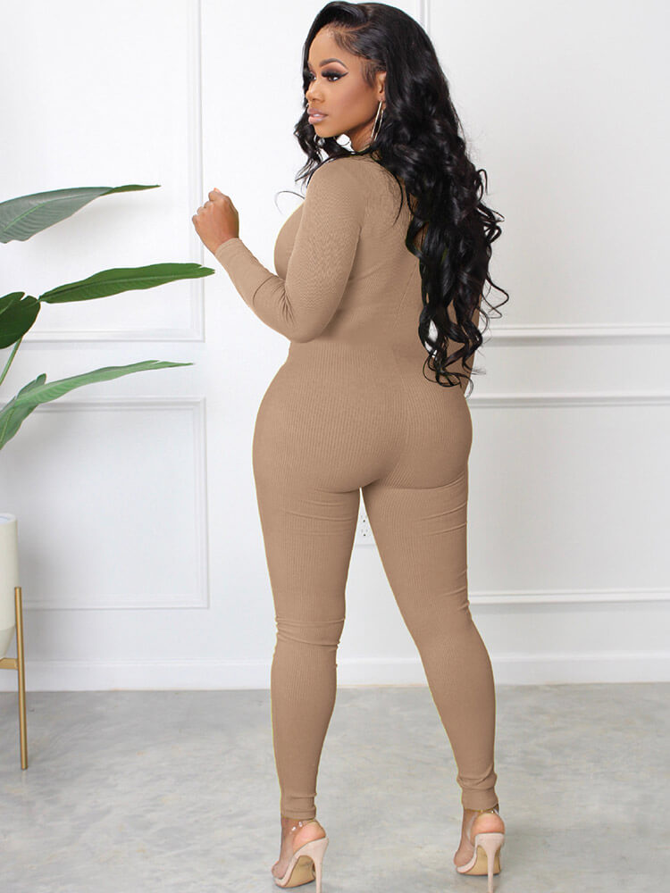 Long Sleeve Zipper Front Bodycon Jumpsuits