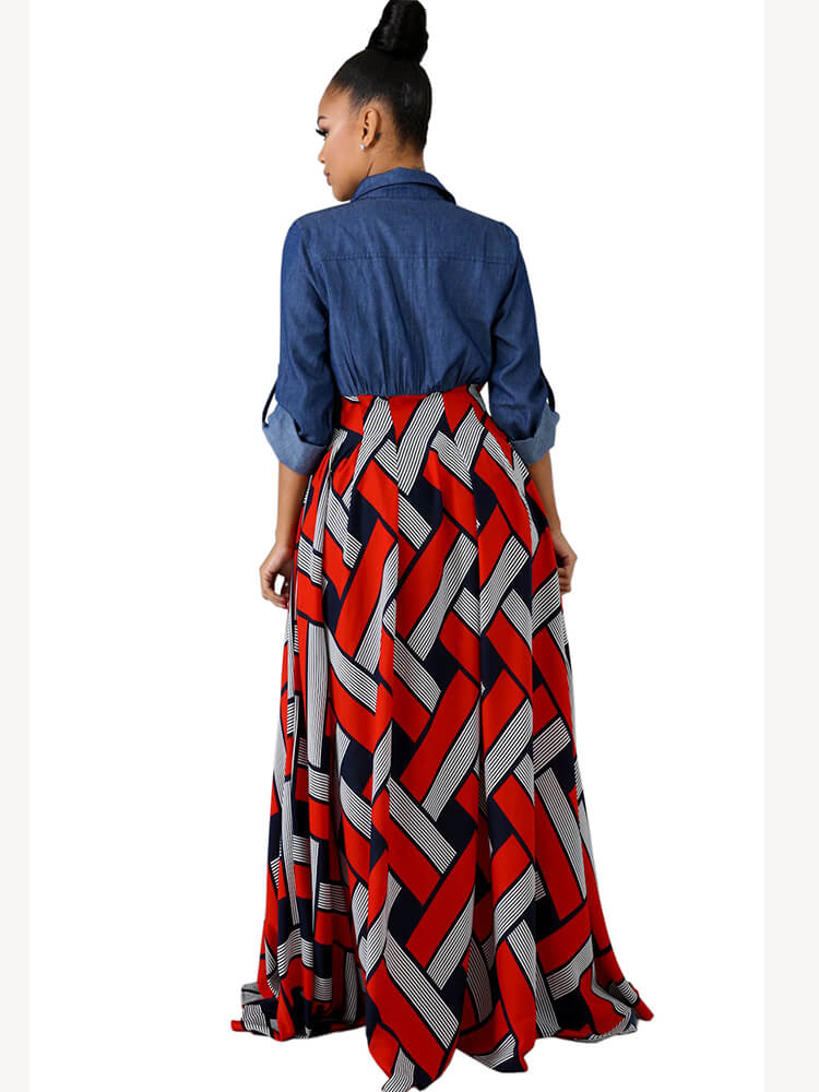 Denim Long Sleeve Plaid Patchwork Maxi Dresses