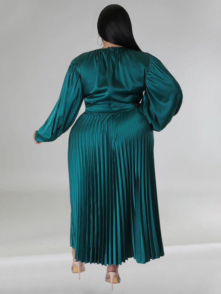 Long Sleeve Pleated Satin Plus Size Maxi Dresses