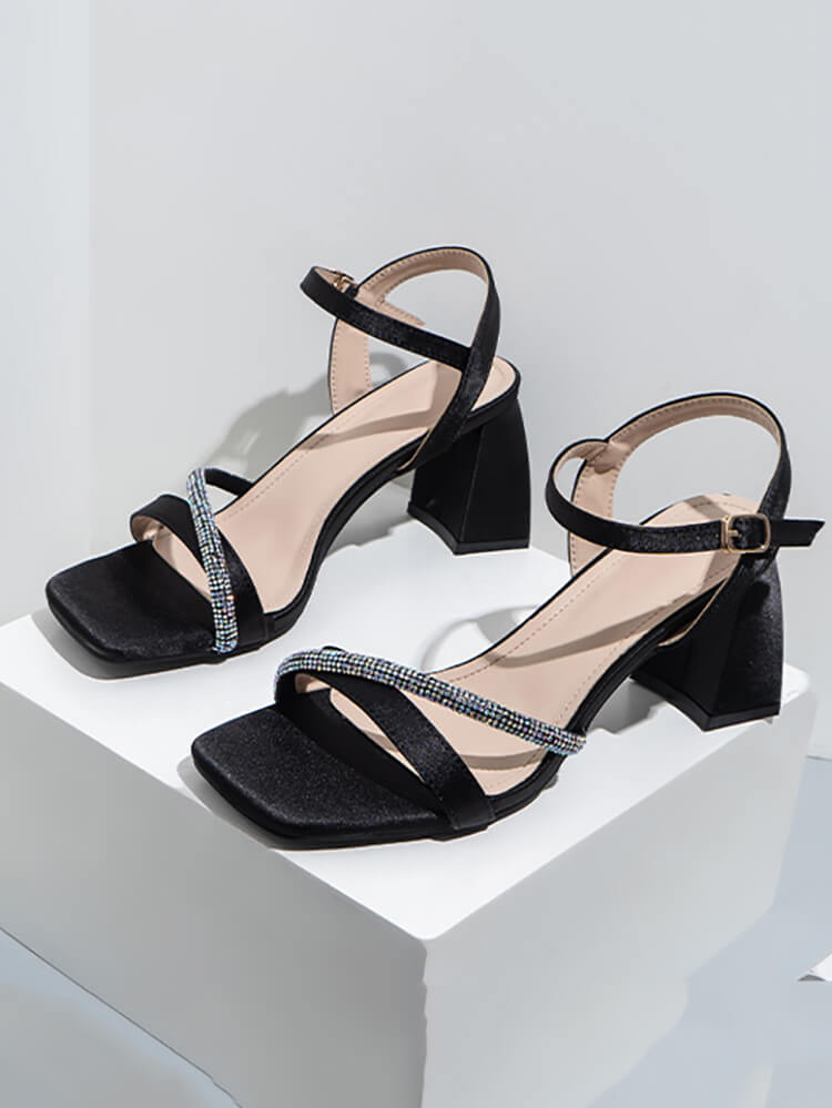 Rhinestone Ankle Strap Chunky Heel Sandal