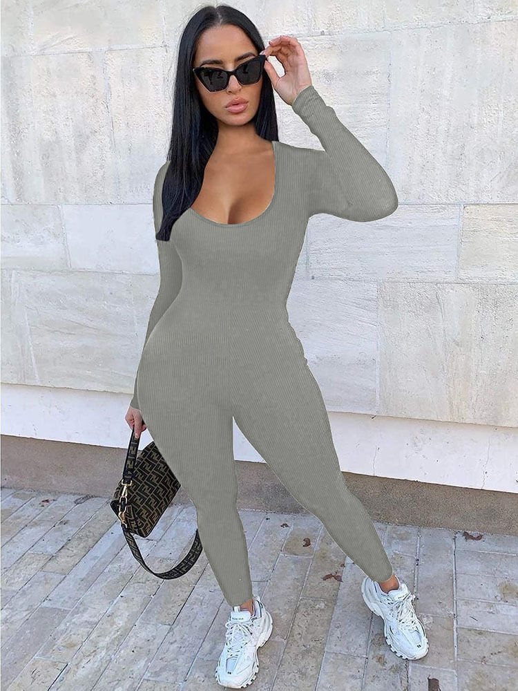 Long Sleeve Scoop Neck Bodycon Jumpsuits