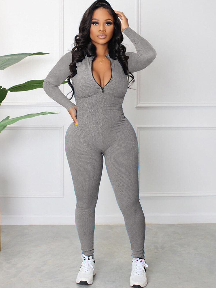 Long Sleeve Zipper Front Bodycon Jumpsuits