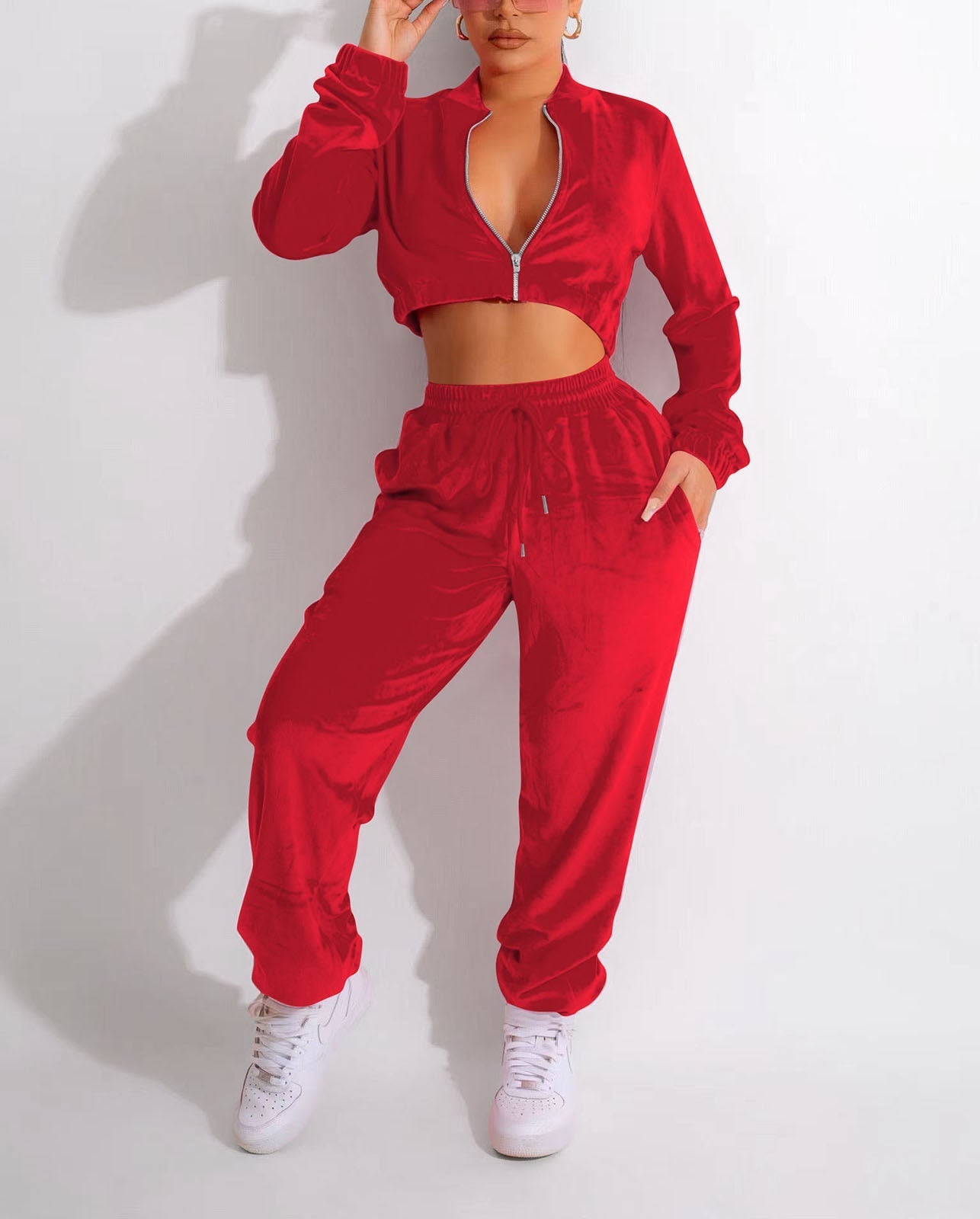 Two Piece Zipper Crop Top & Long Pants