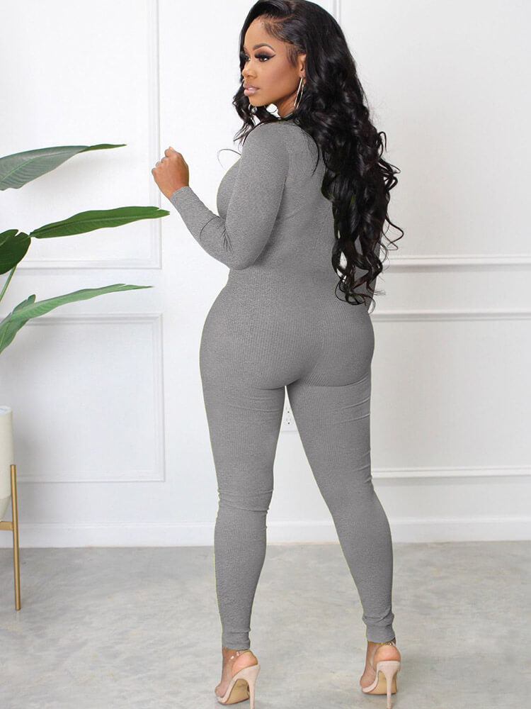 Long Sleeve Zipper Front Bodycon Jumpsuits