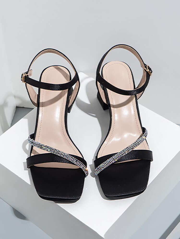 Rhinestone Ankle Strap Chunky Heel Sandal