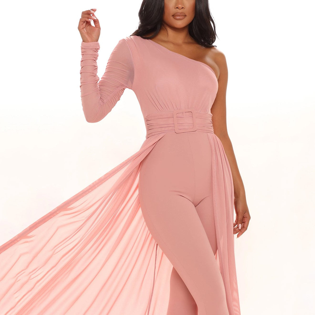 One Shoulder Mesh Patchwork Jumpsuit