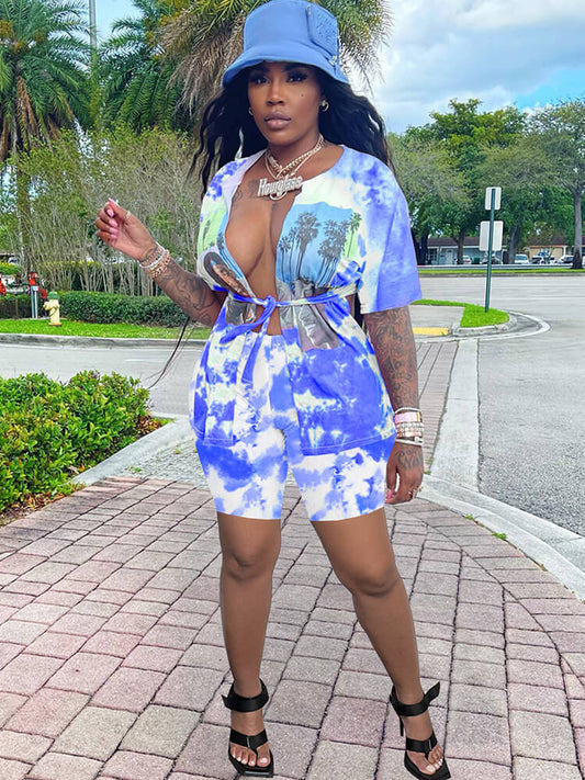 Two Piece Short Sleeve Tie Dye Tops & Shorts