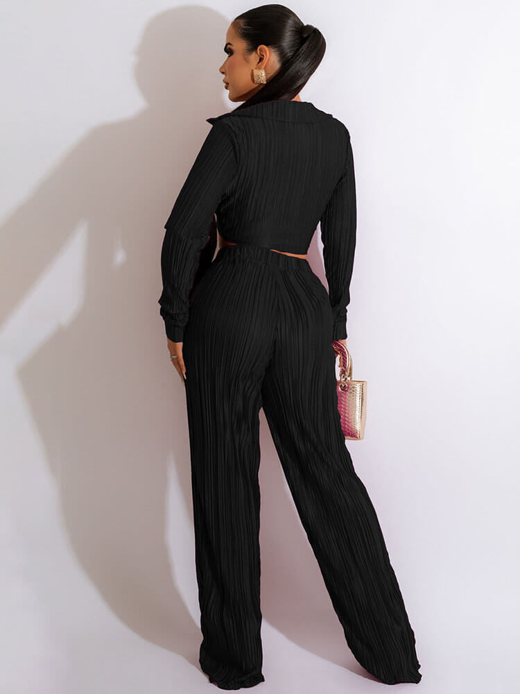 Two Piece Tie Up Ruched Wide Leg Outfits