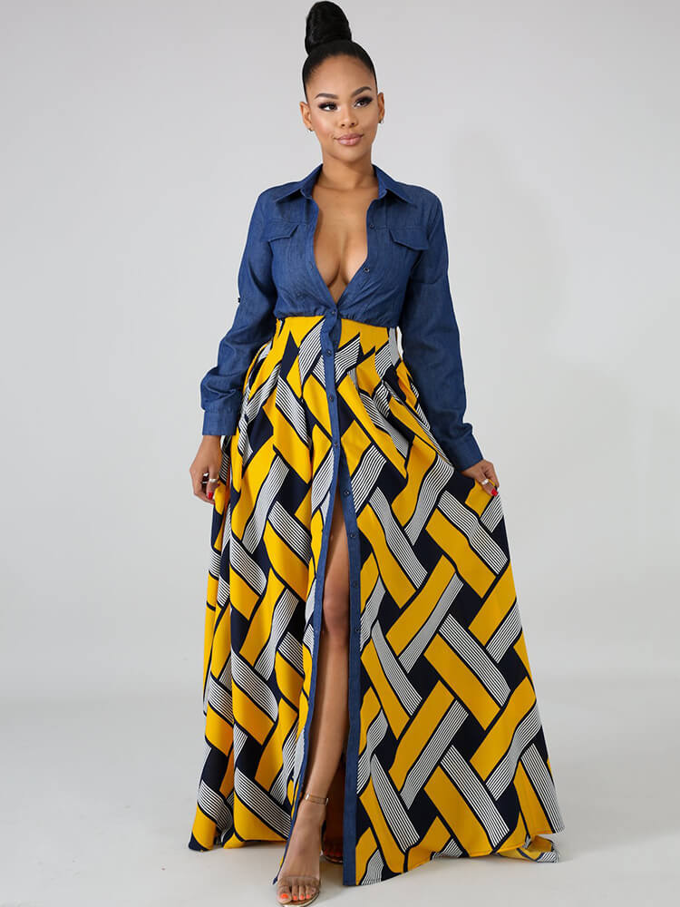 Denim Long Sleeve Plaid Patchwork Maxi Dresses