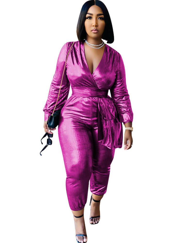 Glitter Long Sleeve V Neck Bodycon Jumpsuit