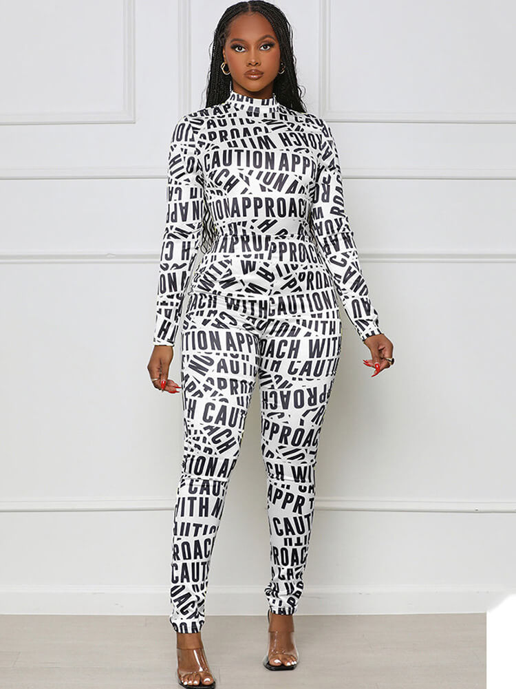 Long Sleeve Letter Print Bodycon Jumpsuits