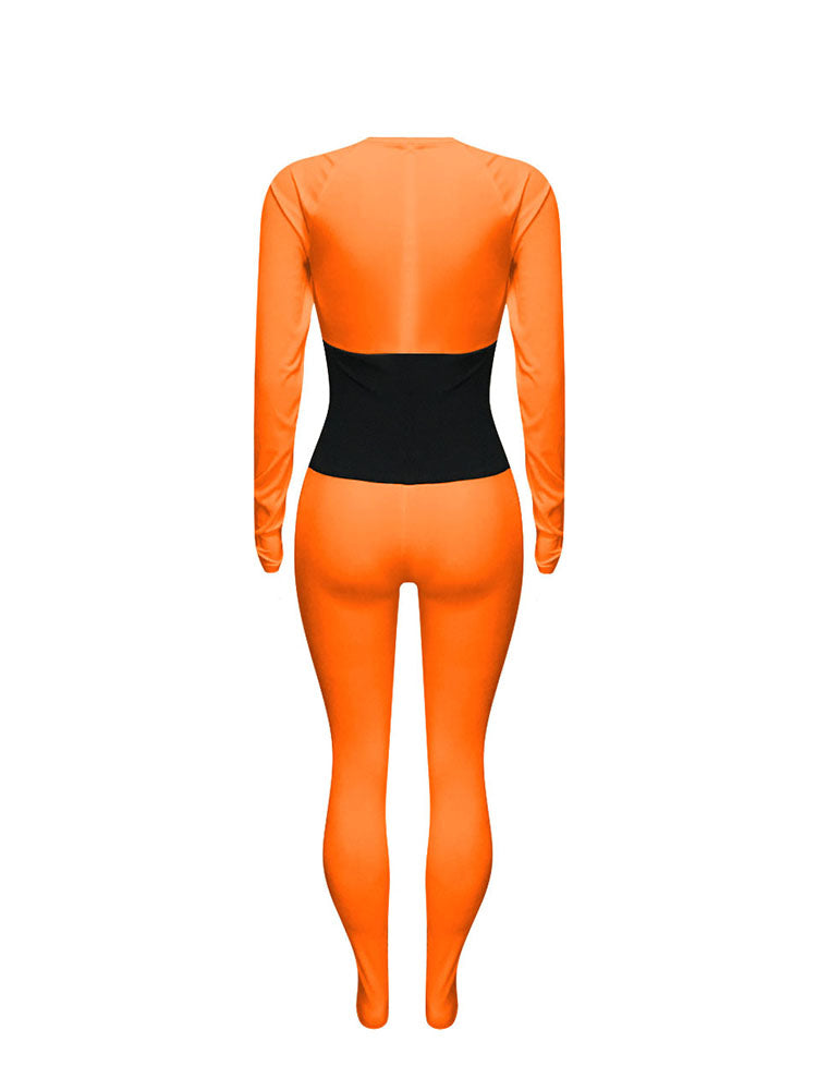 Long Sleeves Color Block Tie Up Jumpsuits