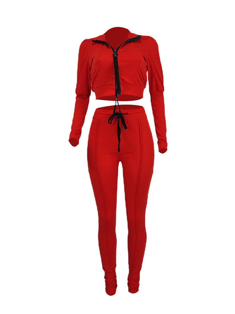 Two Piece Zipper Crop Tops & Drawstring Pants