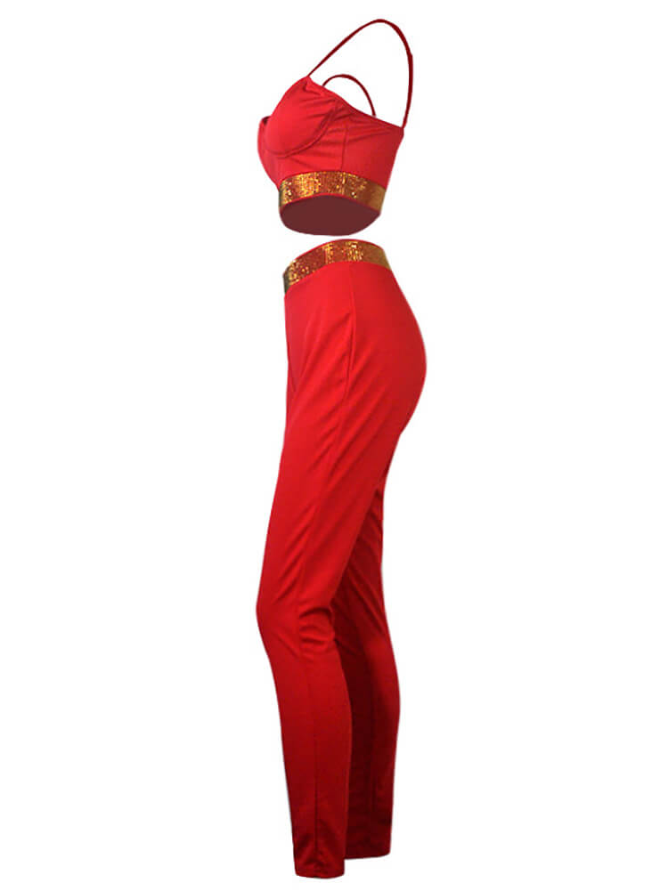 Two Piece Sleeveless Rhinestone Patchwork Pant Suits