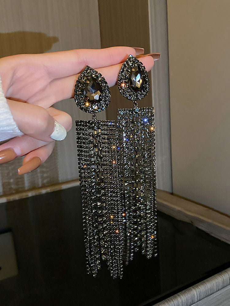 Rhinestone Butterfly Heart Tassel Earrings