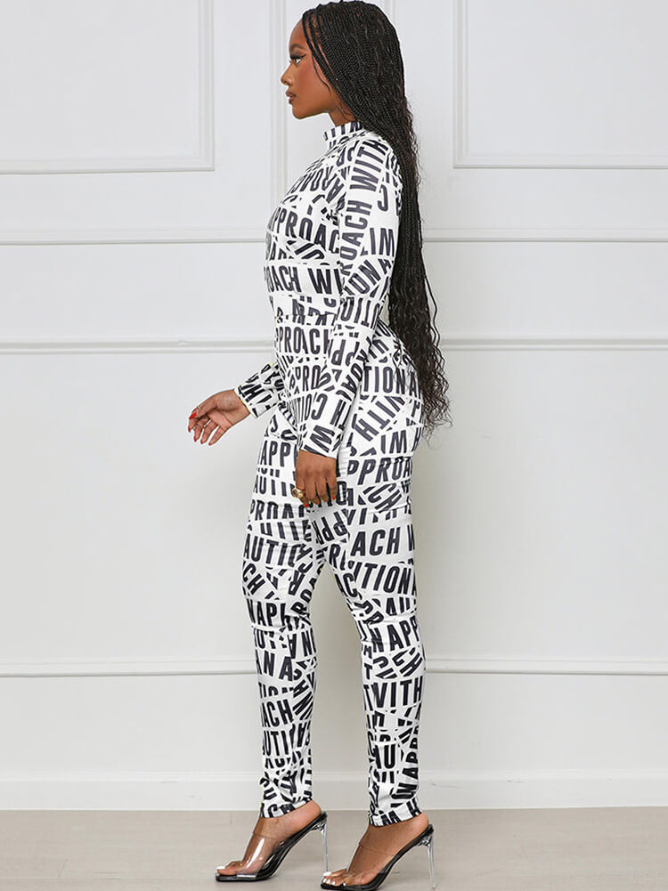 Long Sleeve Letter Print Bodycon Jumpsuits