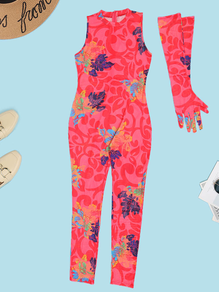 Mesh Floral Print Sleevelesss Bodycon Jumpsuits