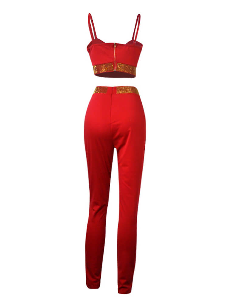 Two Piece Sleeveless Rhinestone Patchwork Pant Suits