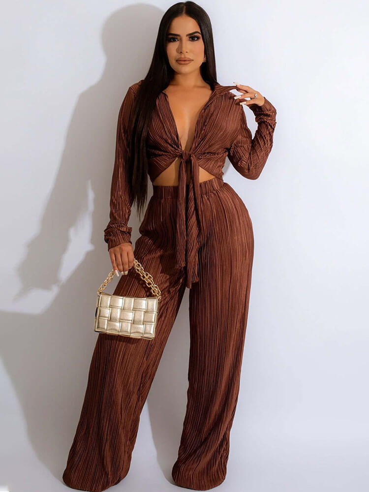 Two Piece Tie Up Ruched Wide Leg Outfits