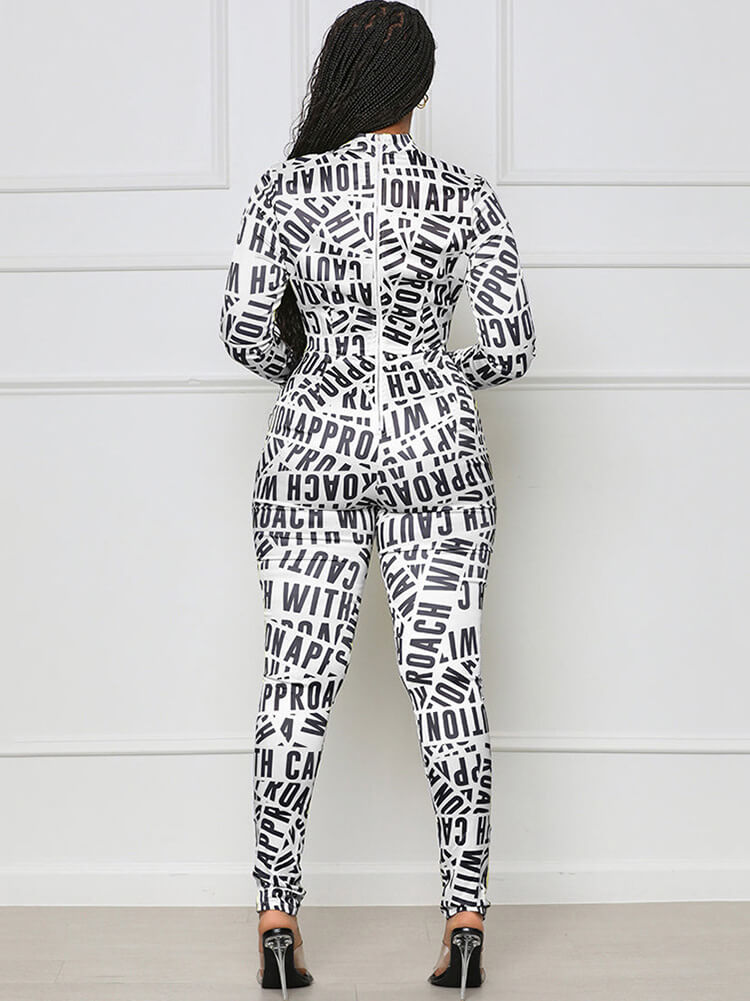 Long Sleeve Letter Print Bodycon Jumpsuits