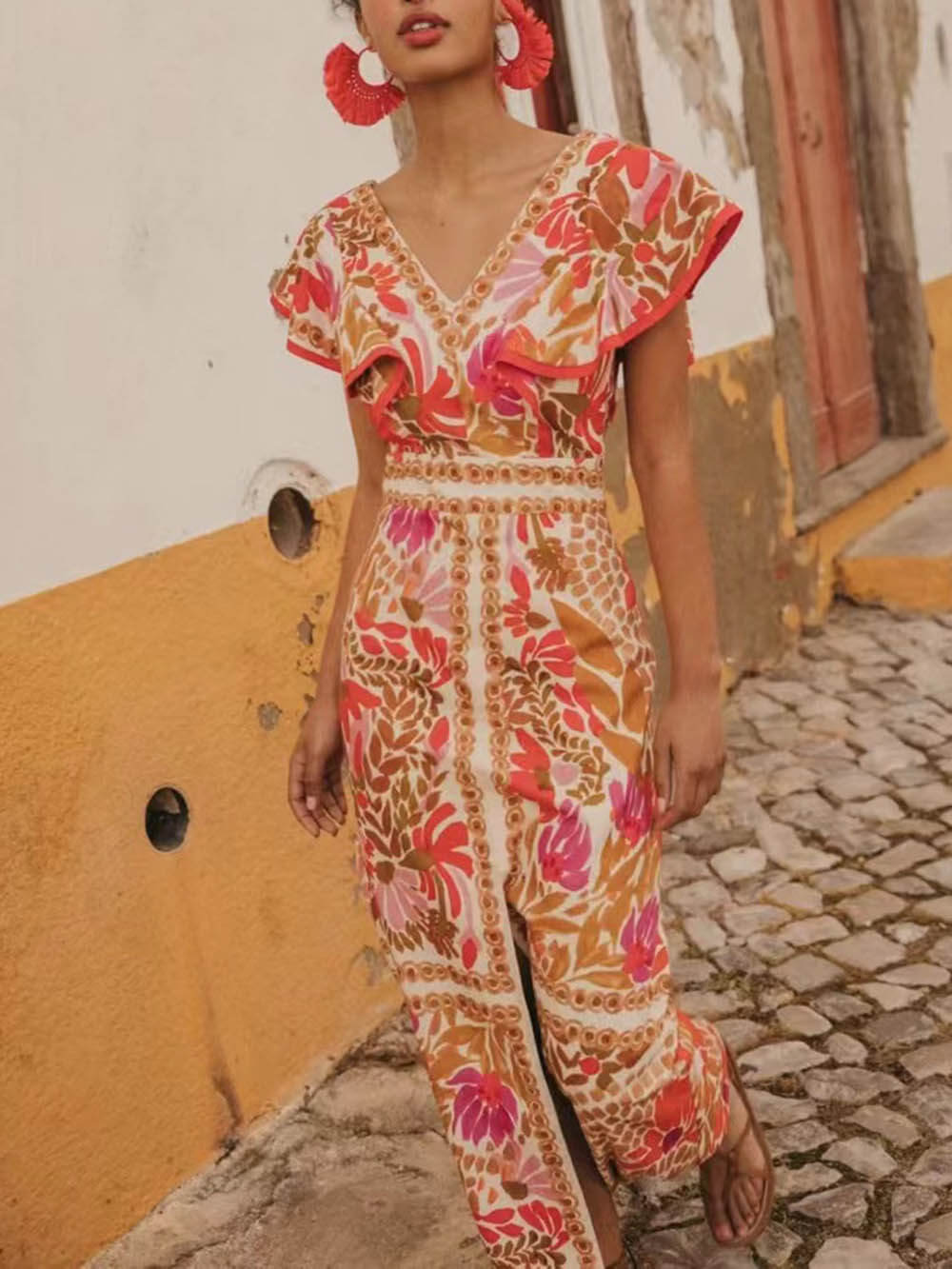 V-Neck Ruffled Open Print Backless Dress