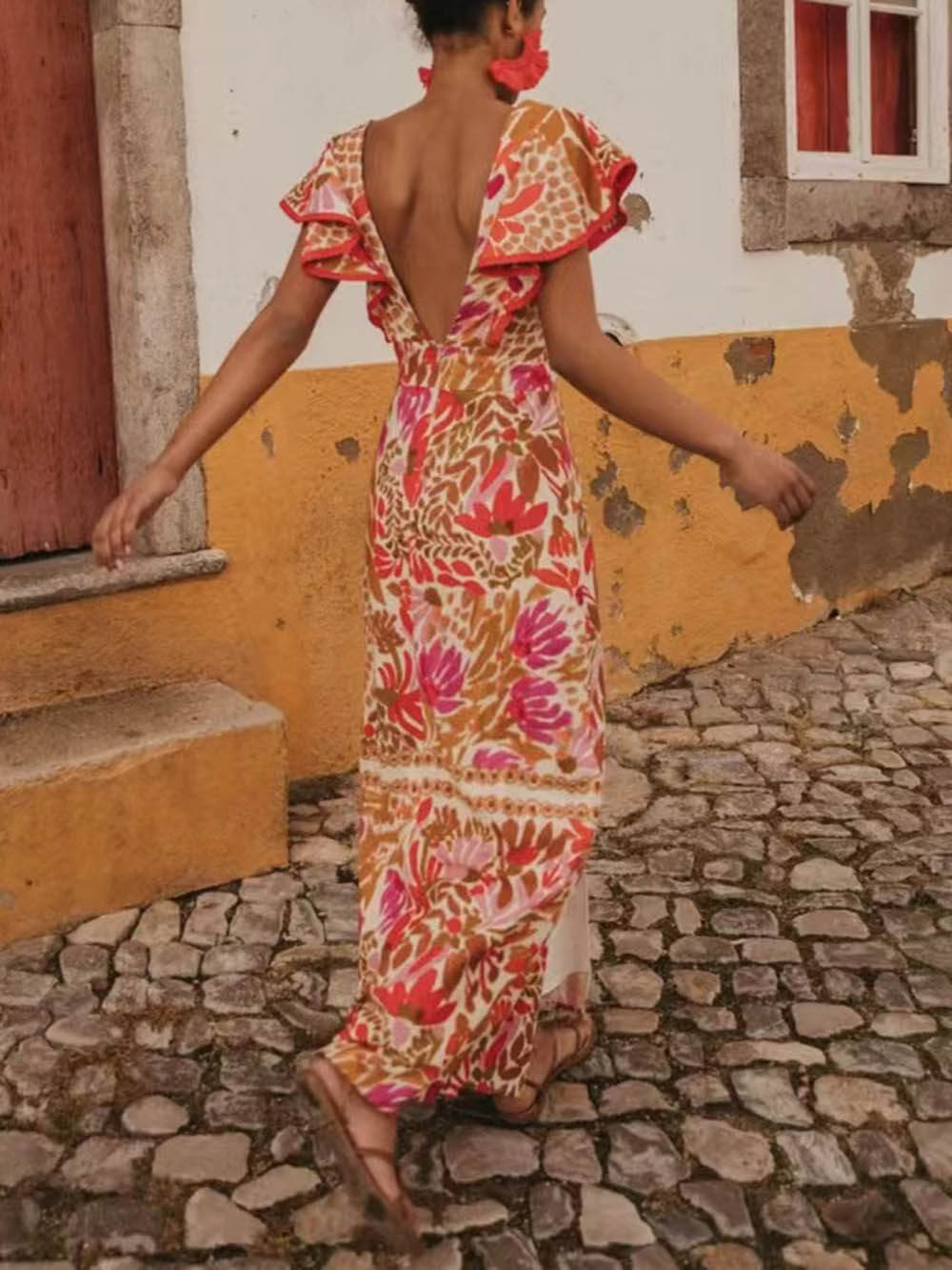 V-Neck Ruffled Open Print Backless Dress