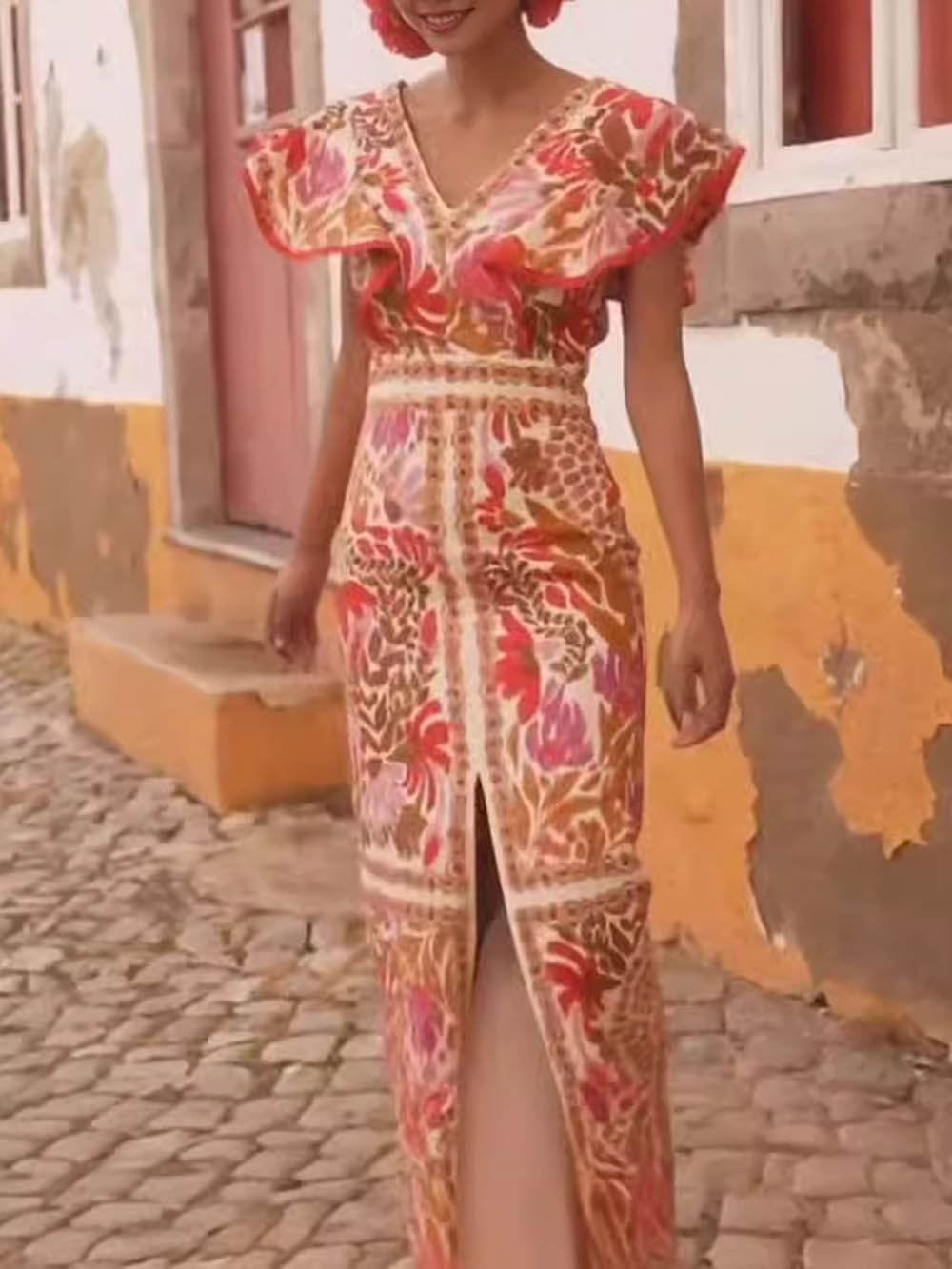 V-Neck Ruffled Open Print Backless Dress