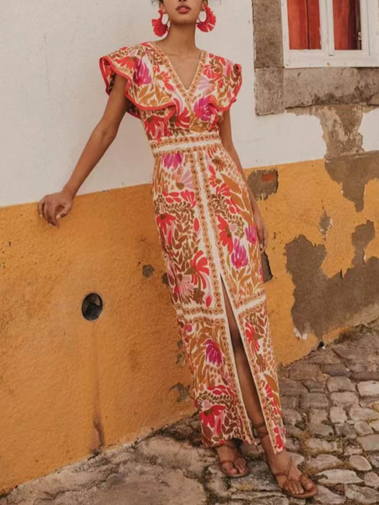 V-Neck Ruffled Open Print Backless Dress