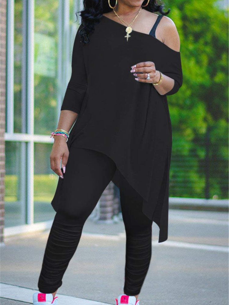 Plus Size Two Piece One Shoulder Tops+ Pants