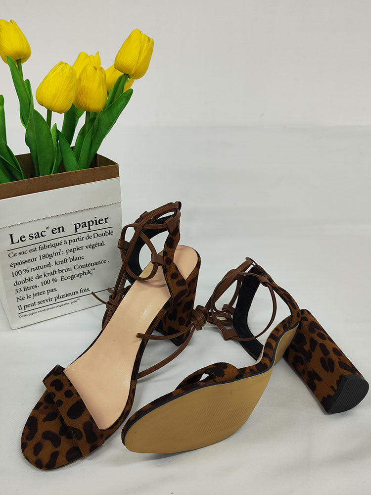 Leopard Crisscross Tie Up Chunky Open Toe Heels
