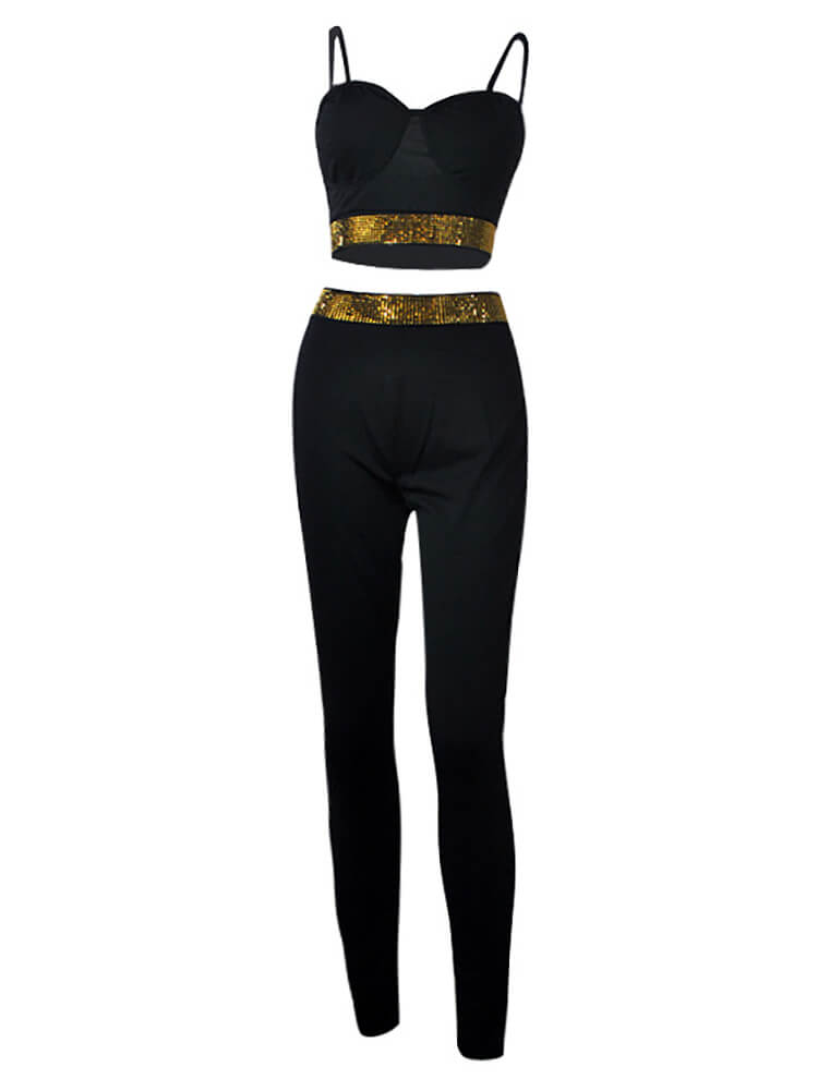 Two Piece Sleeveless Rhinestone Patchwork Pant Suits